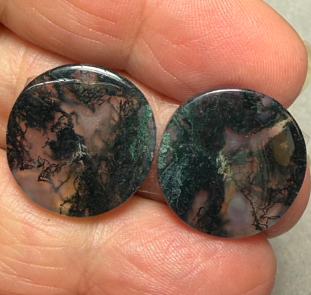 Round 19x19mm Green Moss Agate Cabochon Pair 44