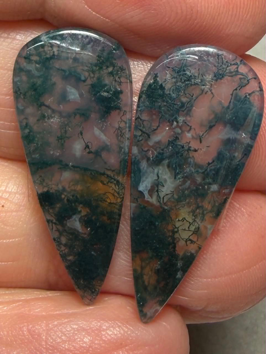 Teardrop 28x12mm Green Moss Agate Cabochon Pair 46