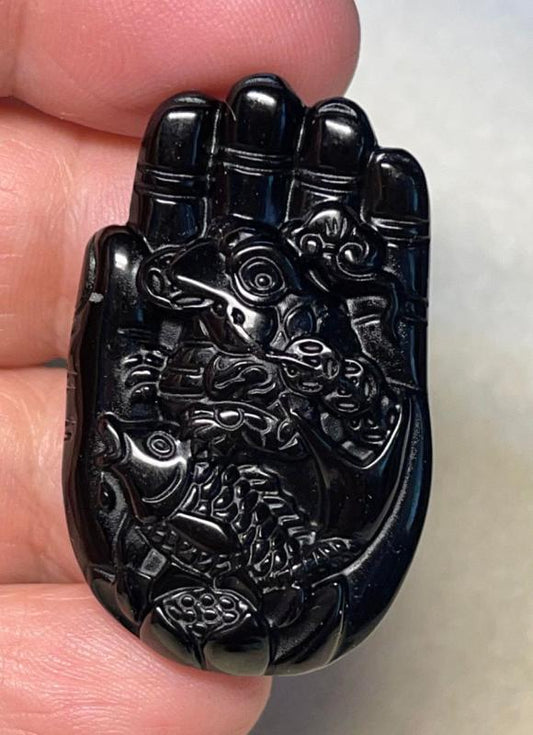 Hand 40x25mm Carved Koi Black Obsidian Cabochon 01