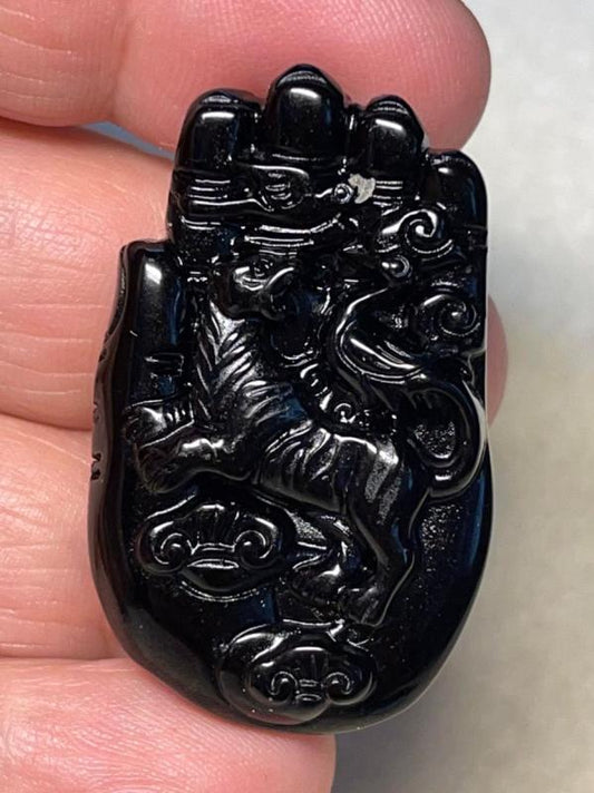Hand 40x25mm Carved Tiger Black Obsidian Cabochon 02