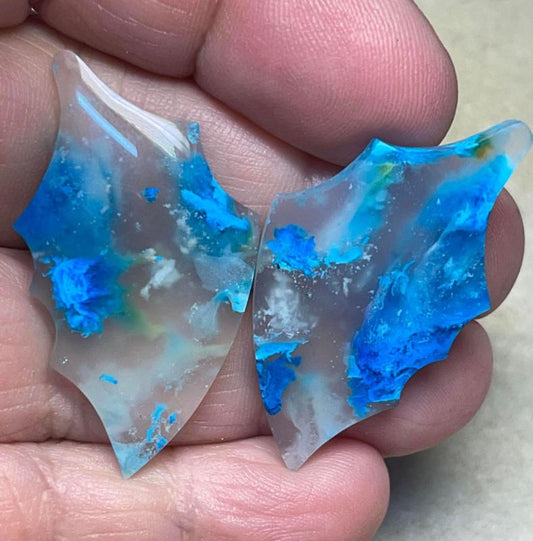 Wing 39x22mm Colour Enhanced Plume Agate Cabochon Pair 01