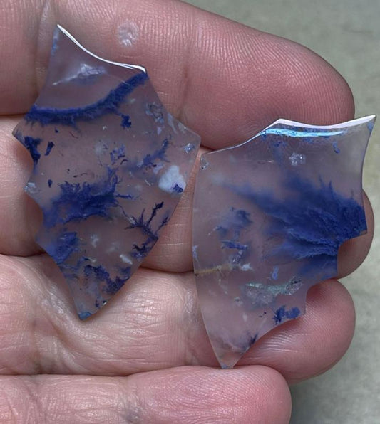 Wing 40x24mm Colour Enhanced Plume Agate Cabochon Pair 03