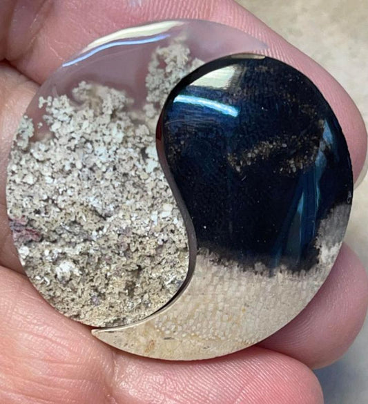 Yin Yang 33x21mm Palm Root and Plume Agate Cabochon Pair 03