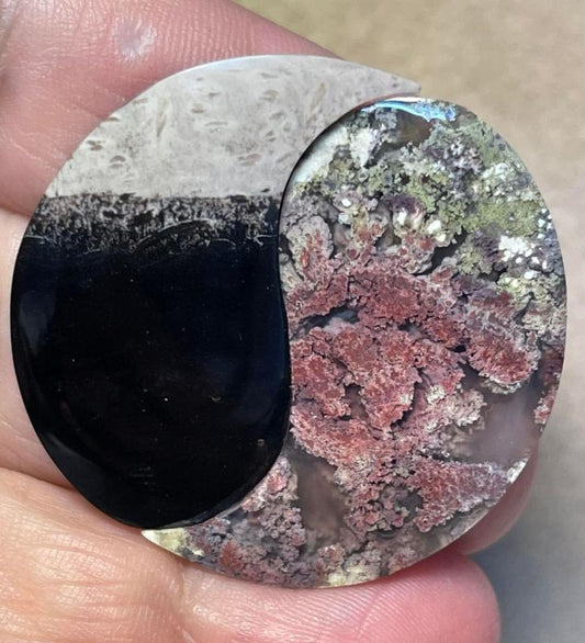 Yin Yang 35x22mm Palm Root and Plume Agate Cabochon Pair 04