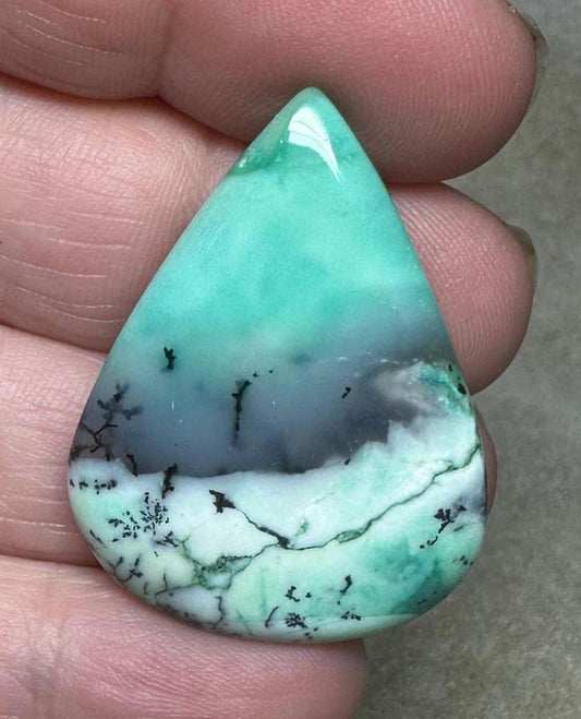 Teardrop 37x28mm Green Coloured Dendritic Opal Cabochon 55