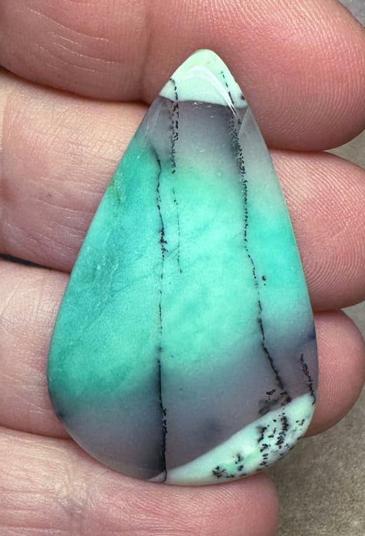 Teardrop 45x28mm Green Coloured Dendritic Opal Cabochon 66