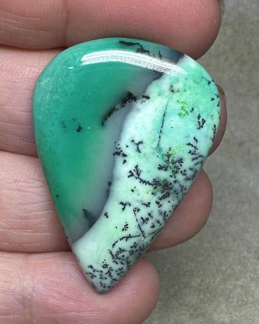 Teardrop 40x28mm Green Coloured Dendritic Opal Cabochon 67