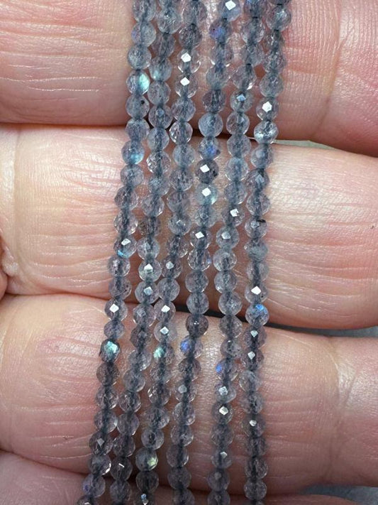 12 inch 2mm Round Faceted Labradorite Bead String