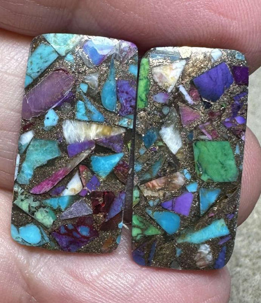 Rectangle 24x12mm Spiny Oyster Turquoise Cabochon Pair 04