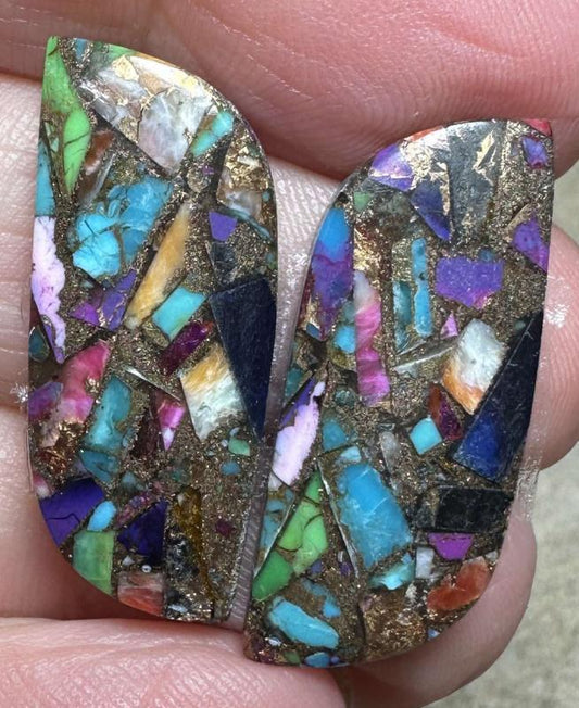 Freeform 28x11mm Spiny Oyster Turquoise Cabochon Pair 08