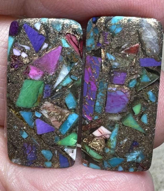 Rectangle 24x11mm Spiny Oyster Turquoise Cabochon Pair 14