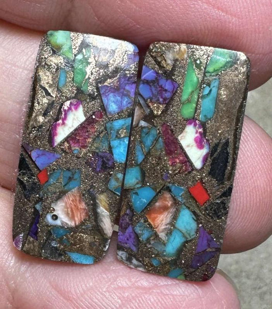 Rectangle 24x11mm Spiny Oyster Turquoise Cabochon Pair 16