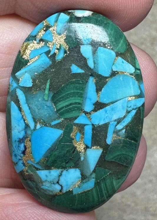 Oval 35x23mm Mohave Turquoise with Malachite Cabochon 04