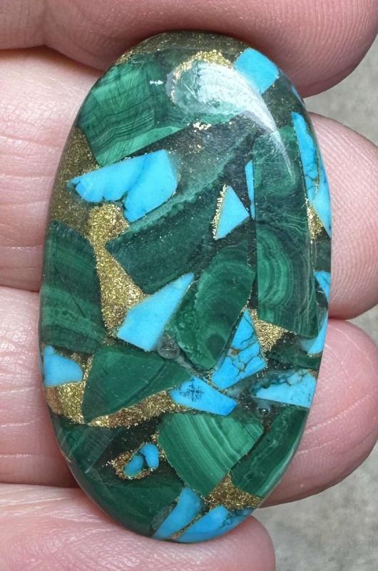 Oval 36x20mm Mohave Turquoise with Malachite Cabochon 08