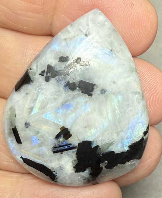 Teardrop 37x30mm Rainbow Moonstone with Tourmaline Cabochon 35