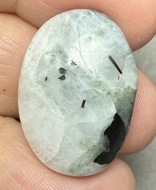 Oval 25x18mm Rainbow Moonstone with Tourmaline Cabochon 44