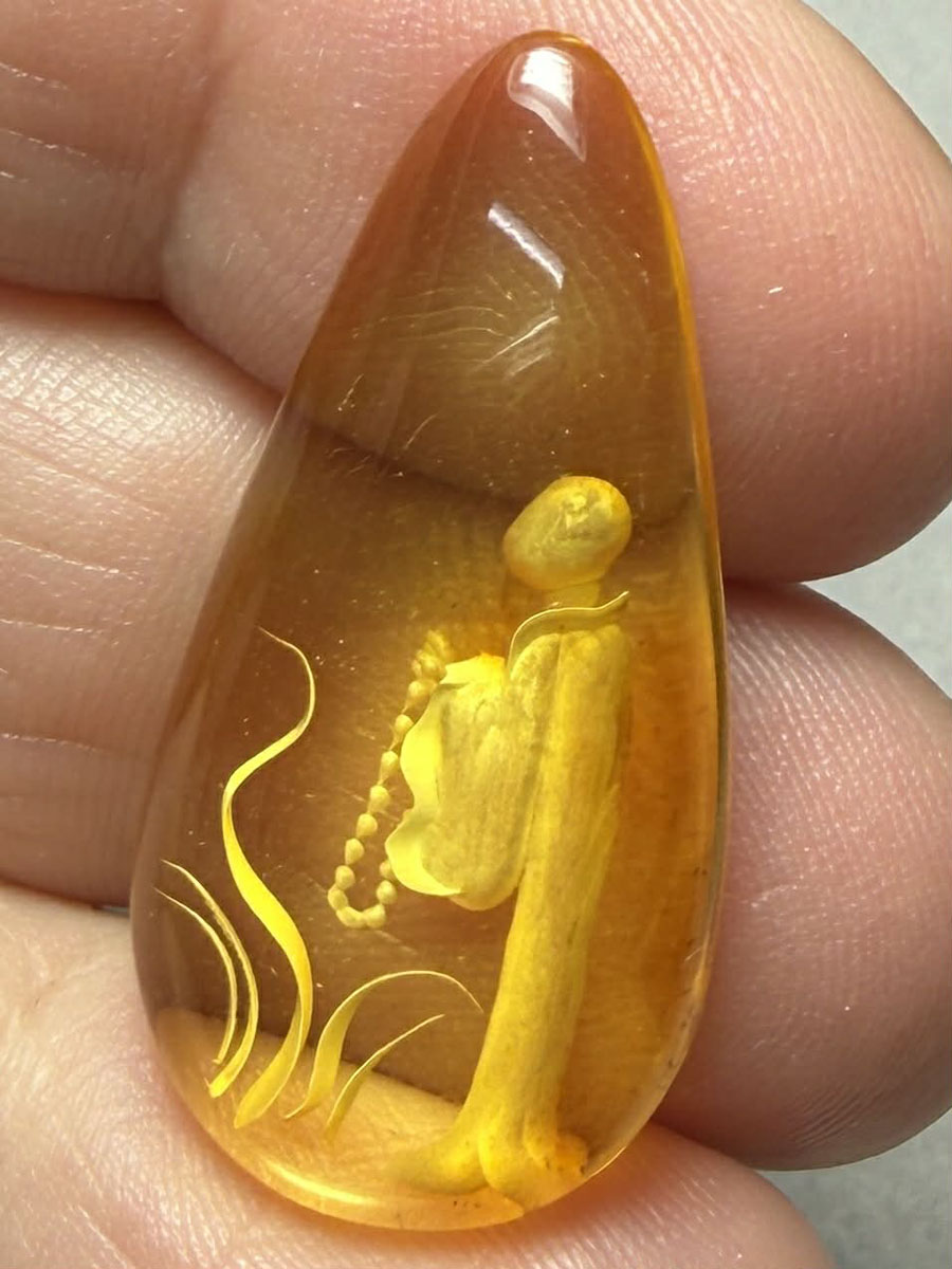 Teardrop 32x16mm Carved Monk Amber Cabochon 34
