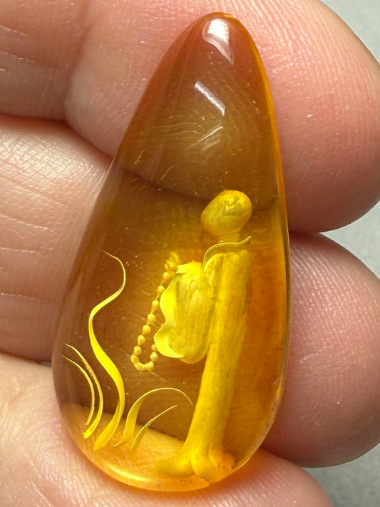 Teardrop 32x16mm Carved Monk Amber Cabochon 34