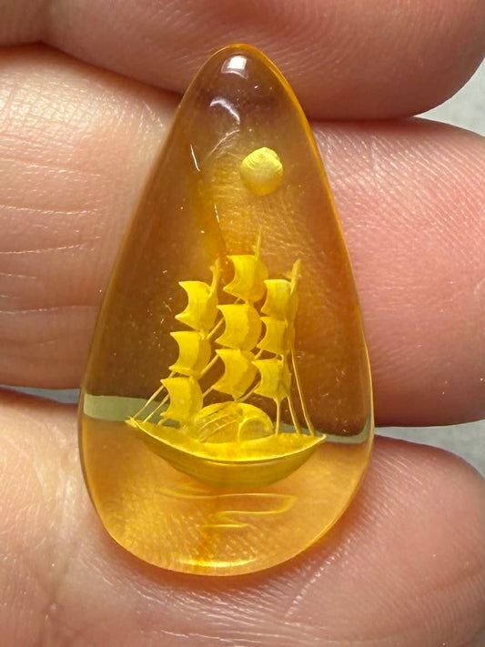 Teardrop 26x15mm Carved Galleon Amber Cabochon 35