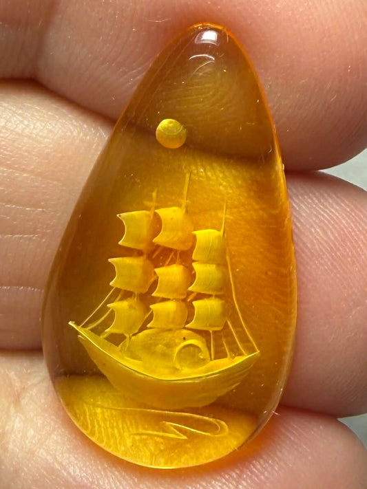 Teardrop 28x16mm Carved Galleon Amber Cabochon 36