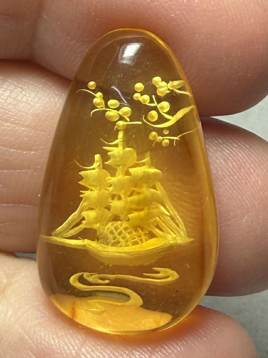 Teardrop 27x16mm Carved Galleon Amber Cabochon 37