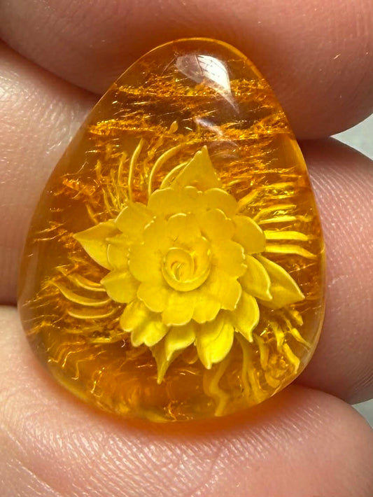 Freeform 21x18mm Carved Lotus Amber Cabochon 38