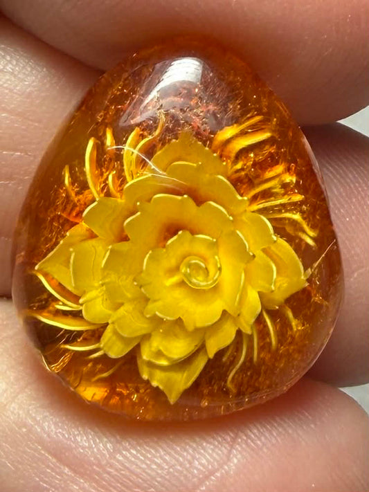 Teardrop 22x19mm Carved Lotus Amber Cabochon 39