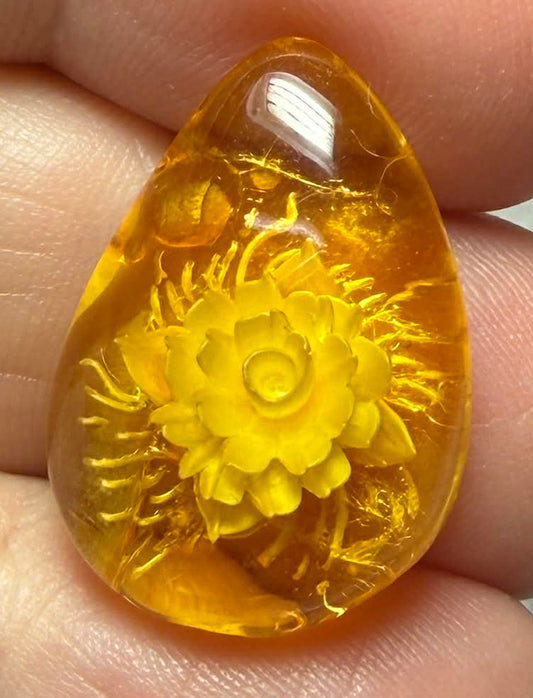 Freeform 23x17mm Carved Lotus Amber Cabochon 40
