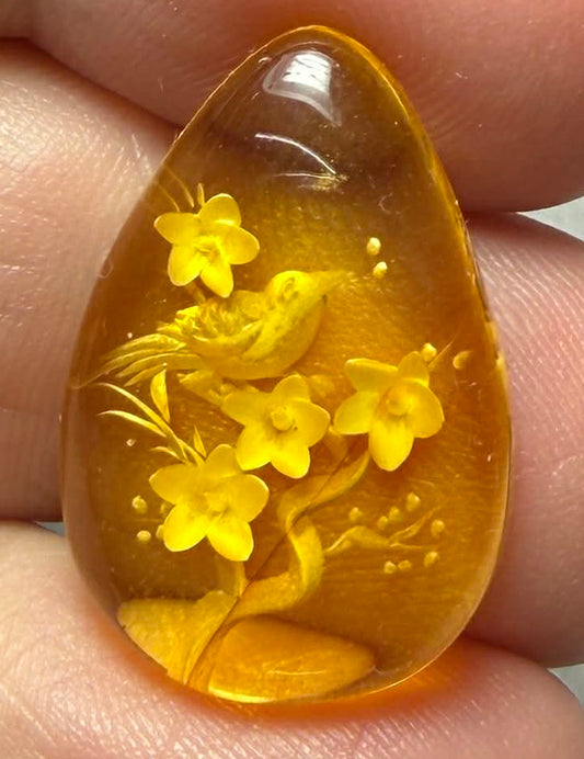 Teardrop 23x16mm Carved Bird Amber Cabochon 42