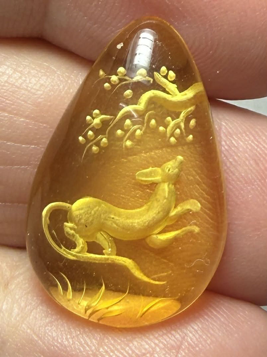 Teardrop 24x16mm Carved Rat Amber Cabochon 43