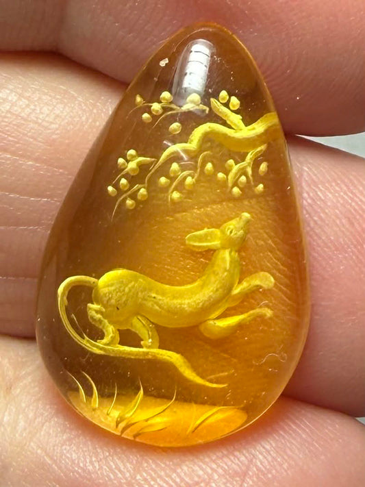 Teardrop 24x16mm Carved Rat Amber Cabochon 43