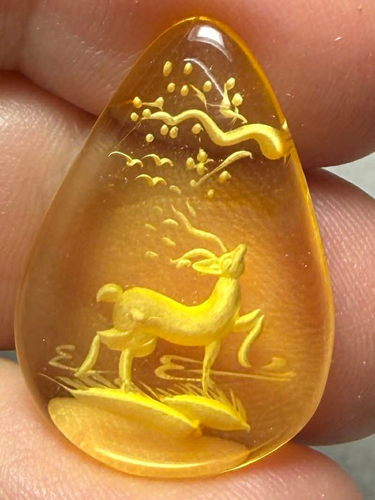 Teardrop 25x18mm Carved Deer Amber Cabochon 46