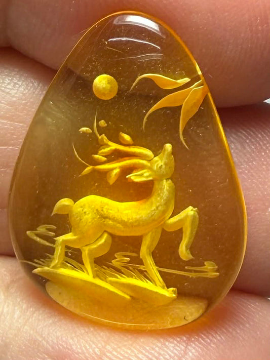 Teardrop 24x18mm Carved Stag Amber Cabochon 47