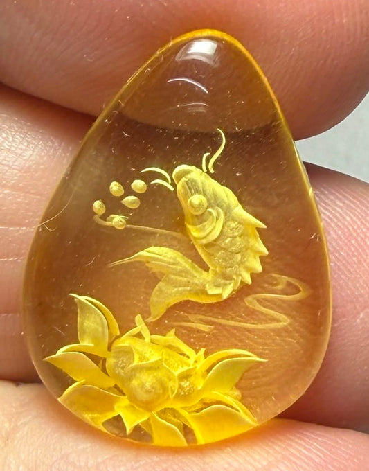 Teardrop 23x18mm Carved Koi Amber Cabochon 49