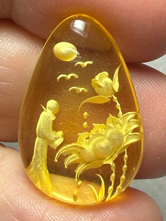 Teardrop 25x17mm Carved Monk Amber Cabochon 50