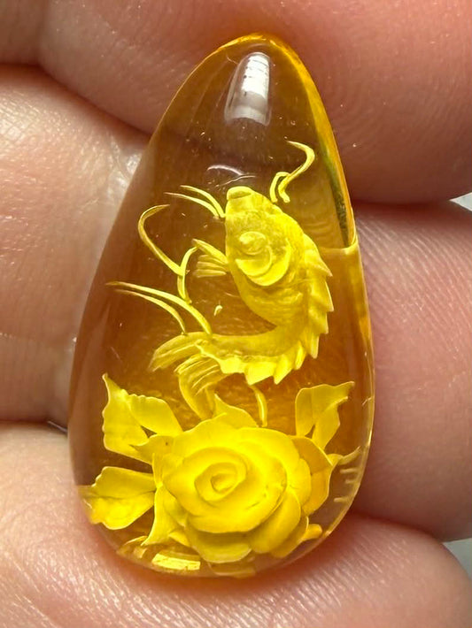 Teardrop 24x13mm Carved Koi Amber Cabochon 51