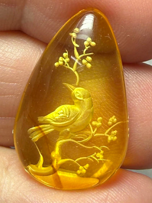 Teardrop 26x16mm Carved Bird Amber Cabochon 52