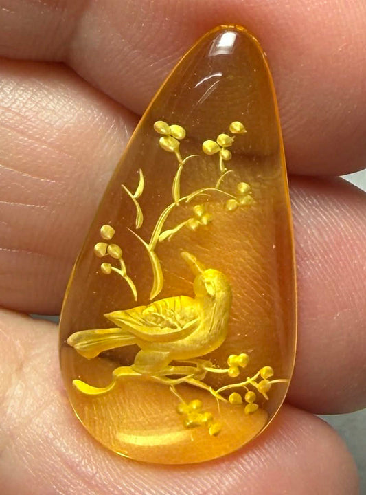 Teardrop 28x15mm Carved Bird Amber Cabochon 53