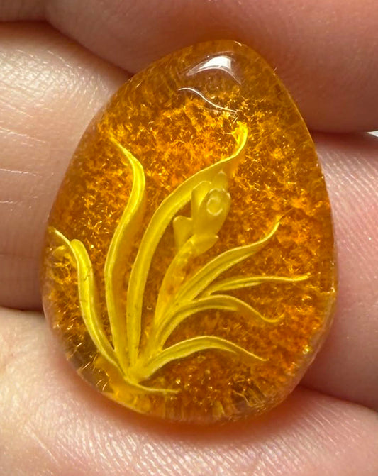 Freeform 21x16mm Carved Flower Amber Cabochon 57