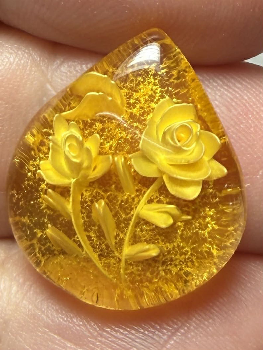 Teardrop 21x18mm Carved Flower Amber Cabochon 58