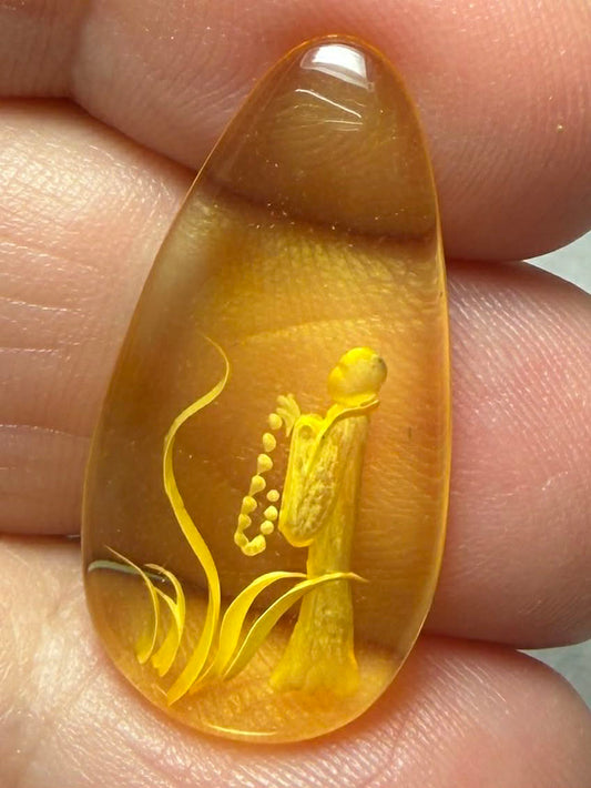 Teardrop 28x14mm Carved Monk Amber Cabochon 60