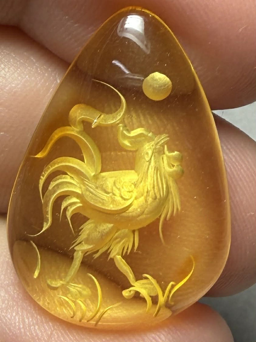 Teardrop 27x18mm Carved Bird Amber Cabochon 61