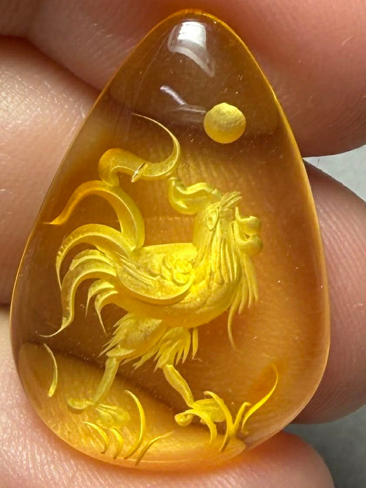 Teardrop 27x18mm Carved Bird Amber Cabochon 61