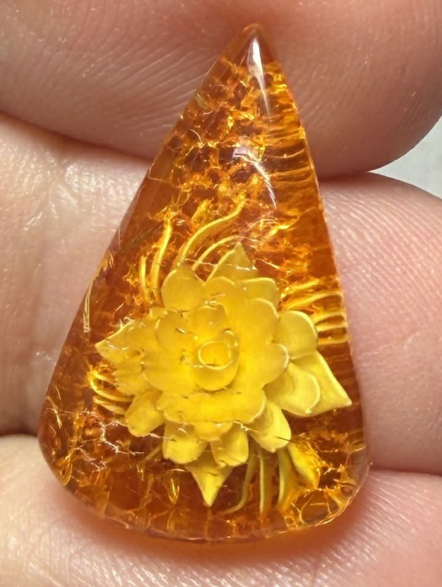 Teardrop 23x14mm Carved Lotus Amber Cabochon 62