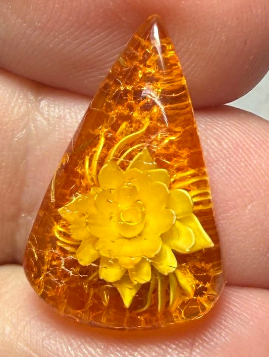 Teardrop 23x14mm Carved Lotus Amber Cabochon 62
