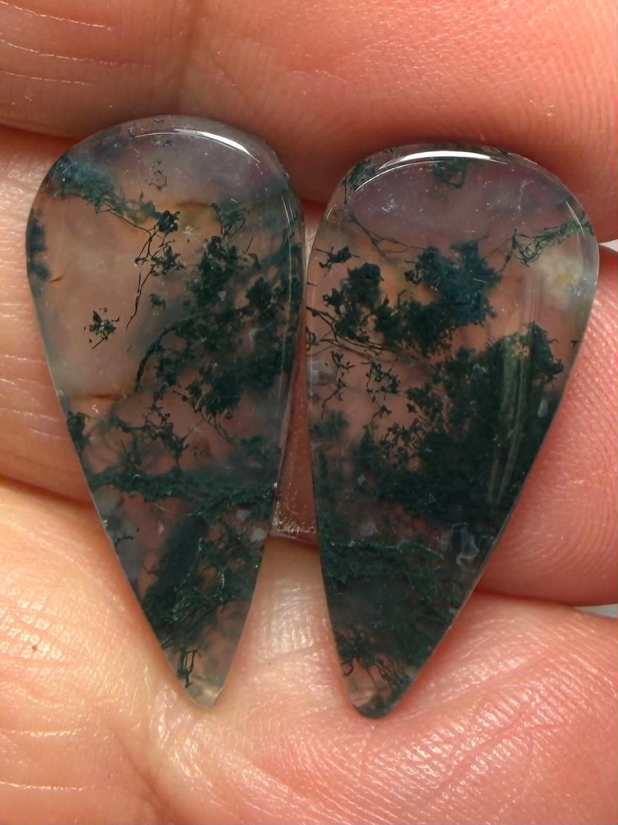 Teardrop 25x12mm Green Moss Agate Cabochon Pair 03