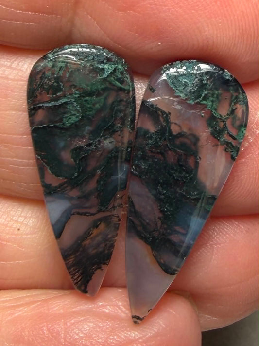 Teardrop 27x11mm Green Moss Agate Cabochon Pair 08