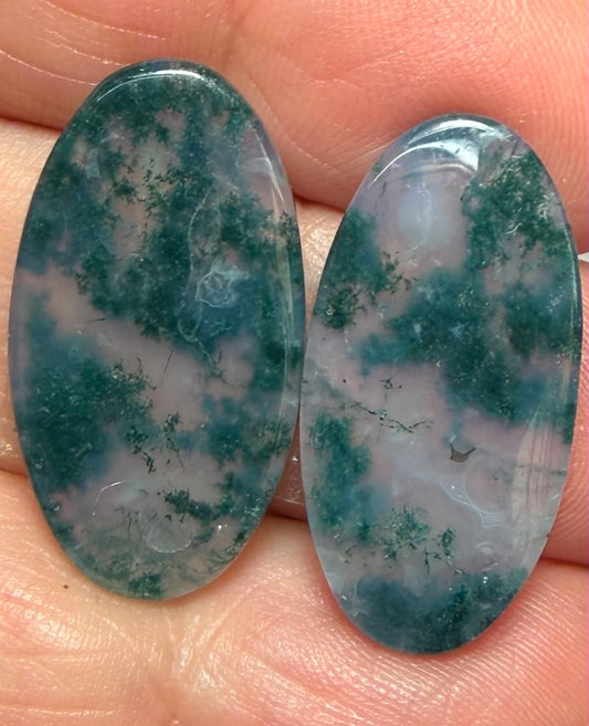 Oval 25x13mm Green Moss Agate Cabochon Pair 10
