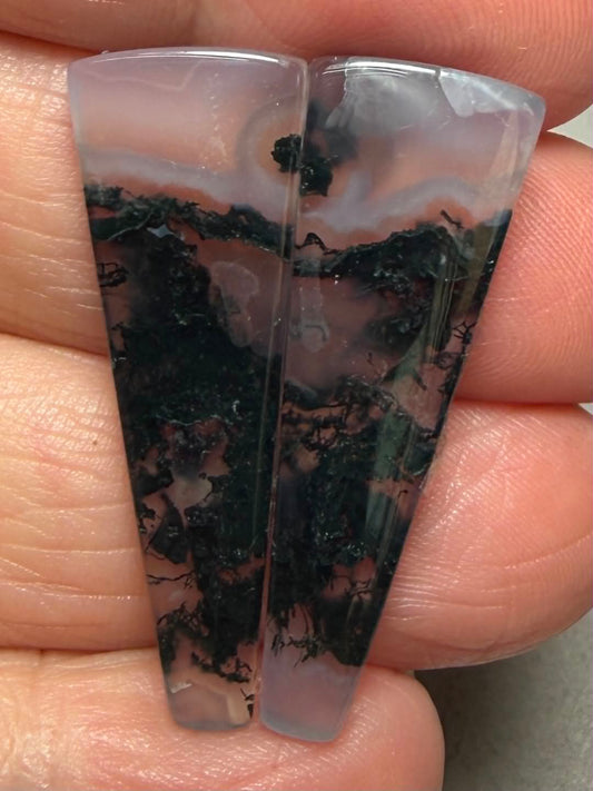 Freeform 34x12mm Green Moss Agate Cabochon Pair 11