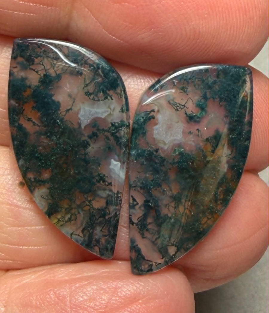 Freeform 26x14mm Green Moss Agate Cabochon Pair 12